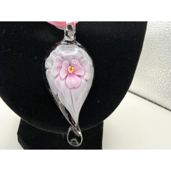 Murano Style Glass Flower Necklace & Earrings Set – Pink Ribbon Cord – Fashion J - Picture 3 of 16